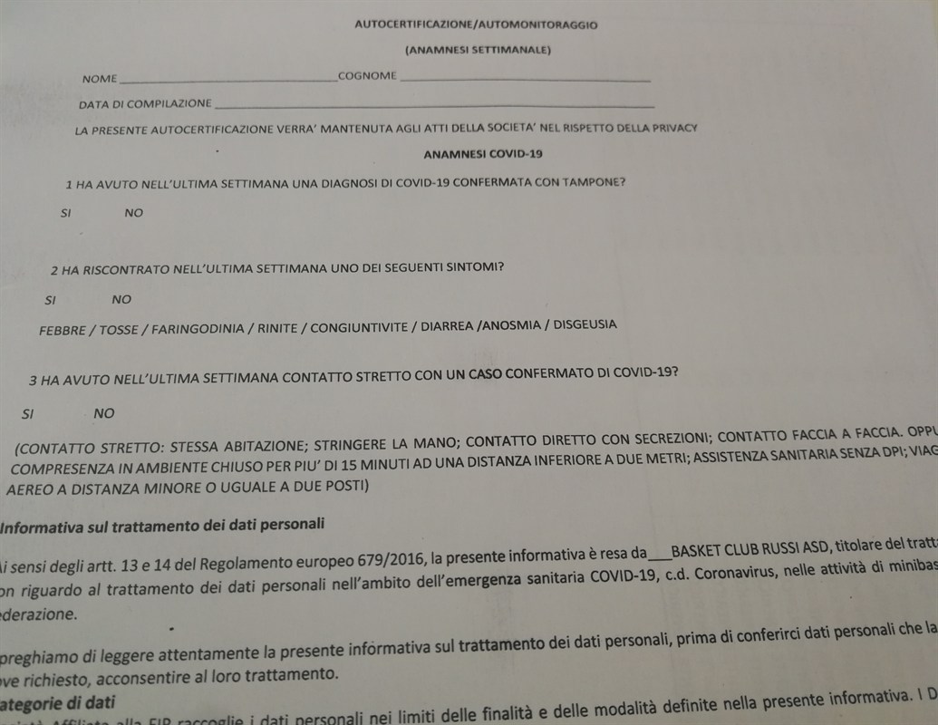 AUTOCERTIFICAZIONE SETTIMANALE DA GENNAIO 2021